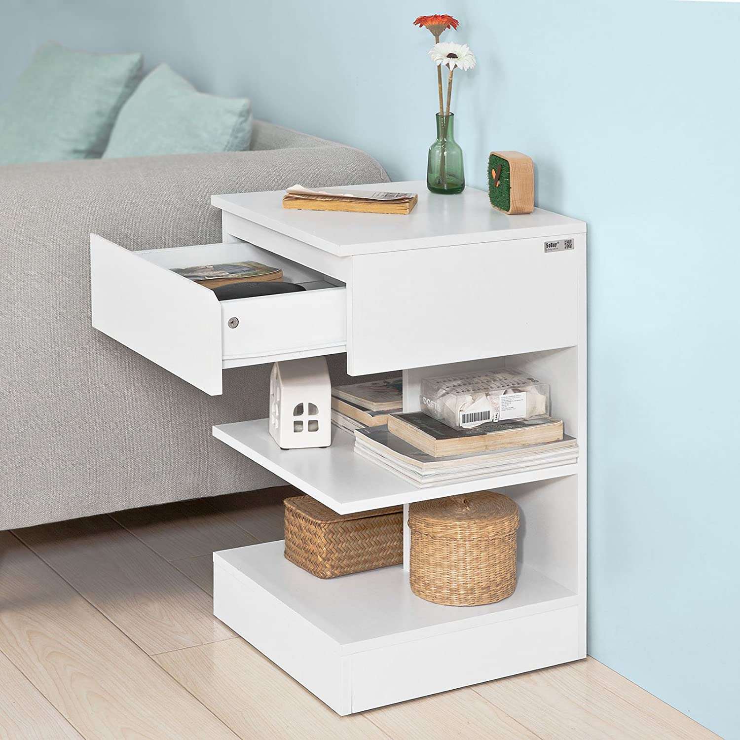 White Side Table Bedside Table with 1 Drawer and 3 Shelves