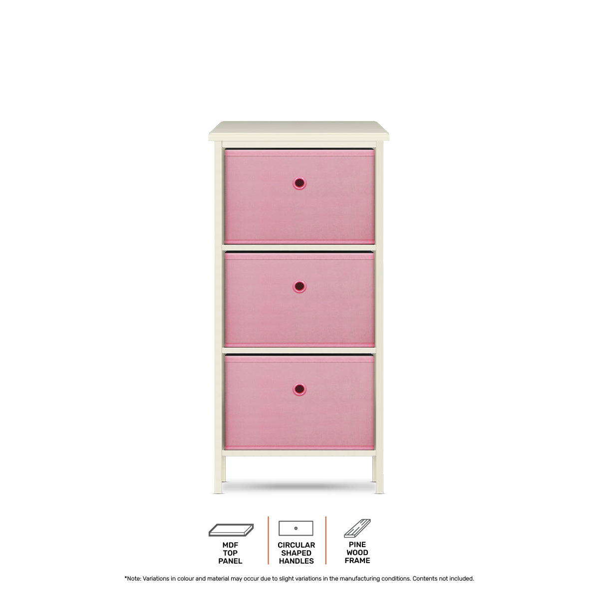 Home Master 3 Drawer Pine Wood Storage Chest Pink Fabric Baskets 70 x 80cm